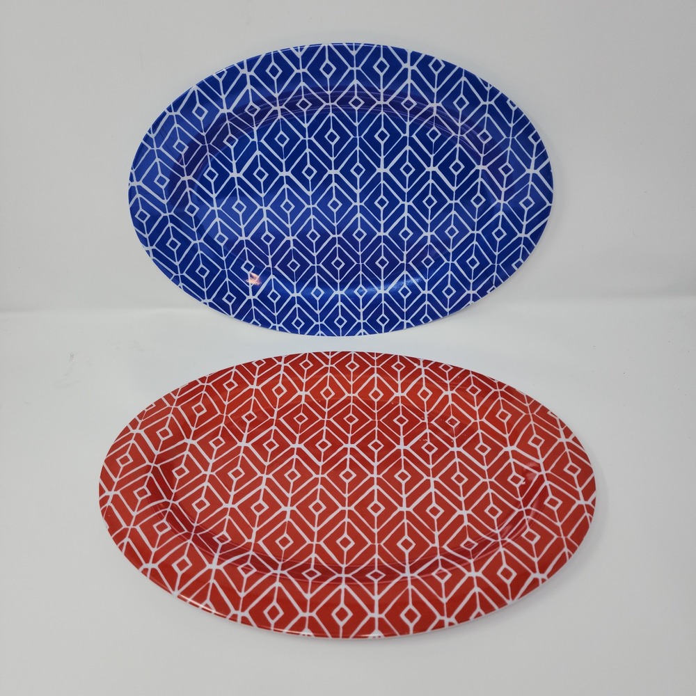 Vtg Melamine Serving Platters Set 2 Red Blue Geometric Diamond  Oval‎ 10x1